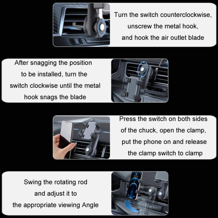 Car phone holder installation steps using metal hook and clamp switch, black