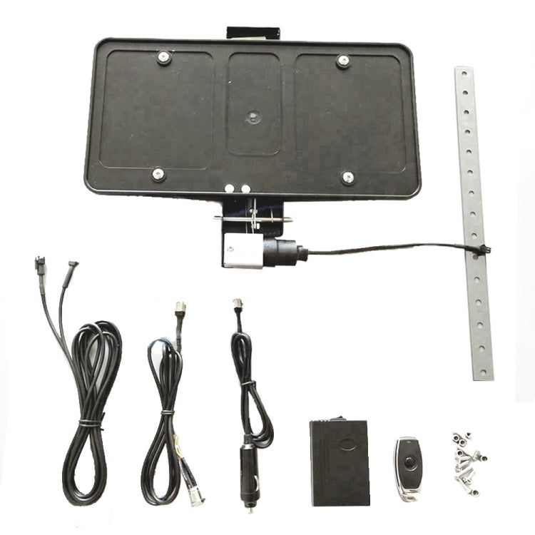 Black license plate frame holder with wiring harness and mounting hardware