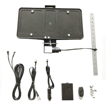 Black license plate frame holder with wiring harness and mounting hardware
