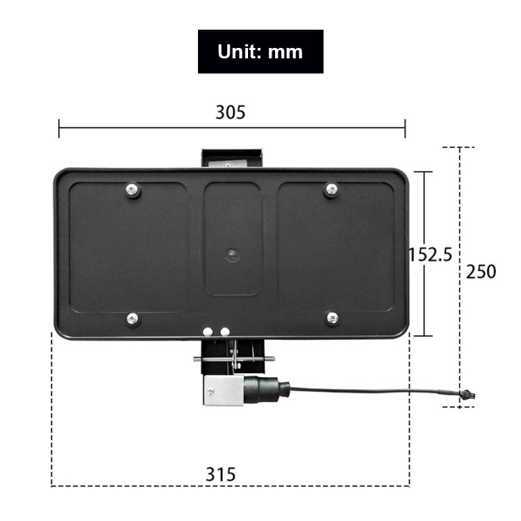 Black license plate holder with size diagram showing 305 x 250 mm