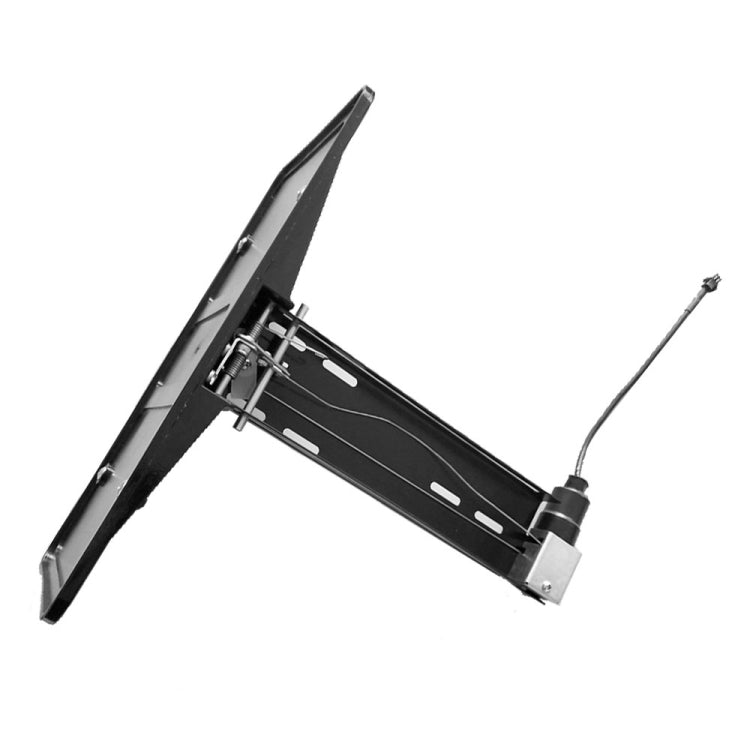 Black license plate mounting bracket with hinged arms and cable leads