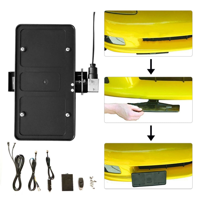 Black license plate holder kit with bracket, cables, and mounting parts