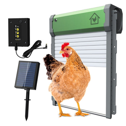 Solar automatic chicken coop door with attached solar panel and remote control kit
