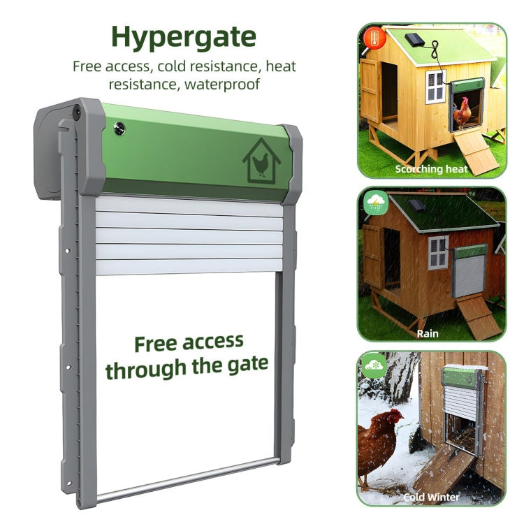 Solar automatic chicken coop door with green top panel and hinged weather cover