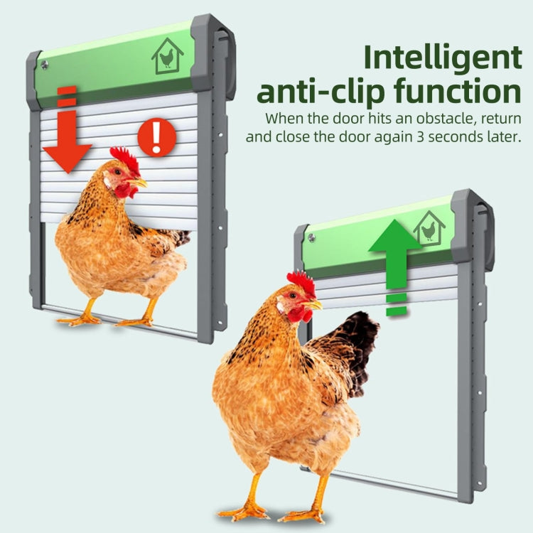 Solar automatic chicken coop door with anti-clip safety design and two chickens