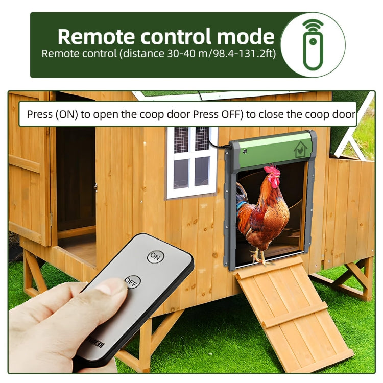 Solar chicken coop door with remote control and hand pressing open/close buttons