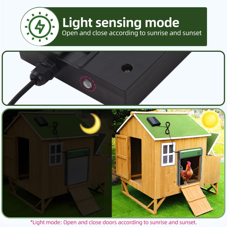Solar automatic chicken coop door with light-sensing mode control unit