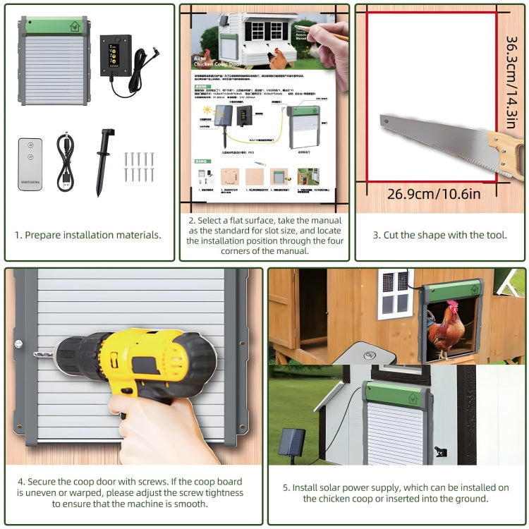Solar chicken coop door installation shown with hands securing the unit