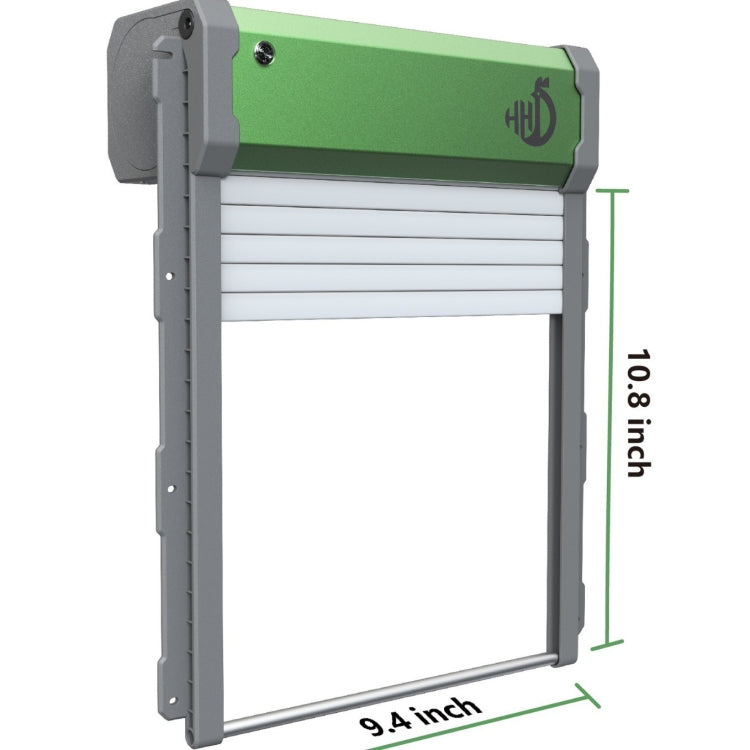 Solar automatic chicken coop door front view with height and width measurements