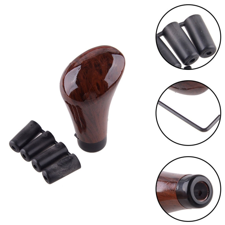 Walnut shift lever handle with black base bushings and close-up views of fit