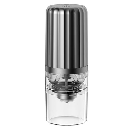 Automatic wireless electric portable coffee grinder, gray body with clear grinding chamber