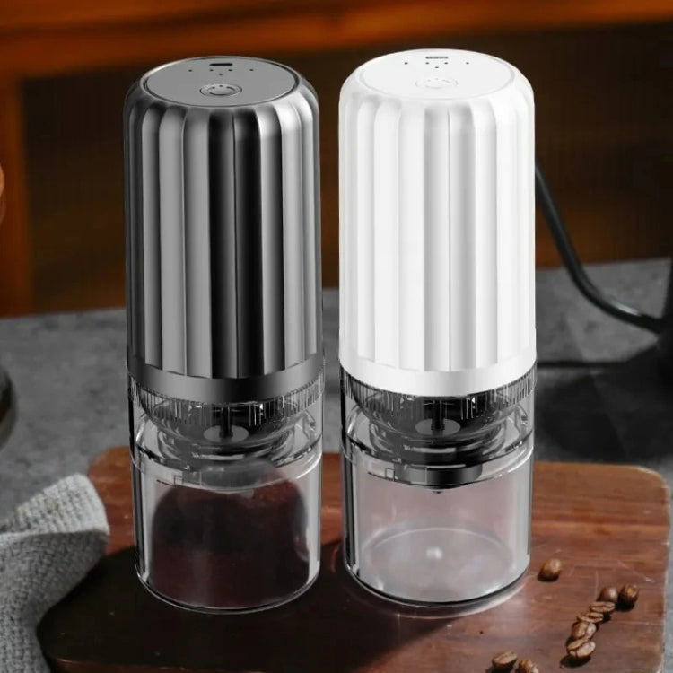 Automatic wireless electric coffee grinder, gray and white units with clear grinding chambers
