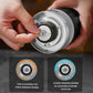 Portable electric coffee grinder with removable base, hands adjusting the grinding dial