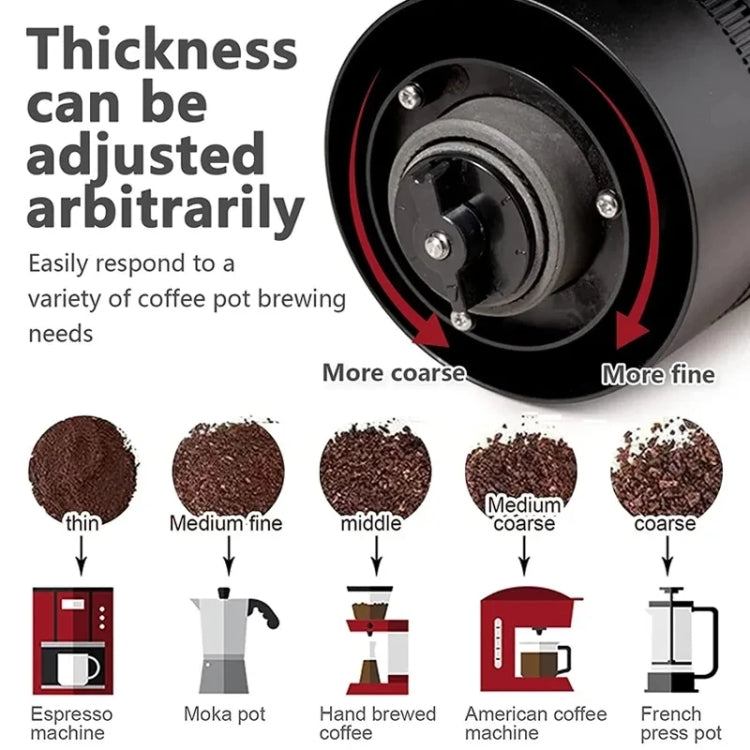 Portable electric coffee grinder top with adjustable grinding ring, fine or coarse setting