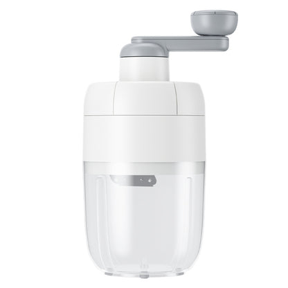 Manual shaved ice machine with white body and gray top handle, clear ice container base.