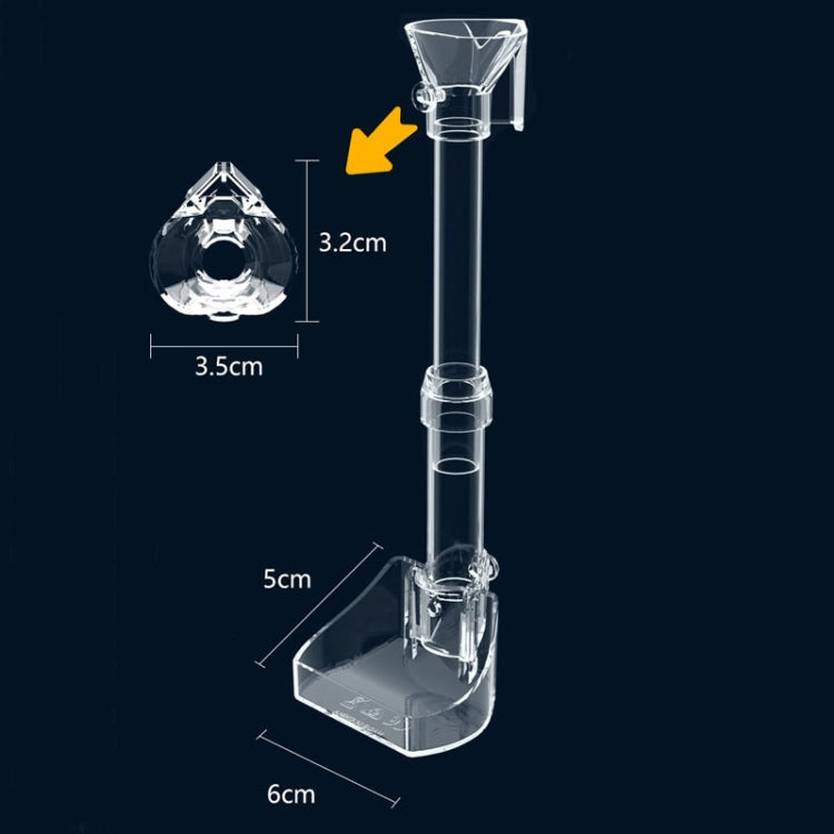 Clear acrylic fish feeding tube with funnel top and base tray with size markers