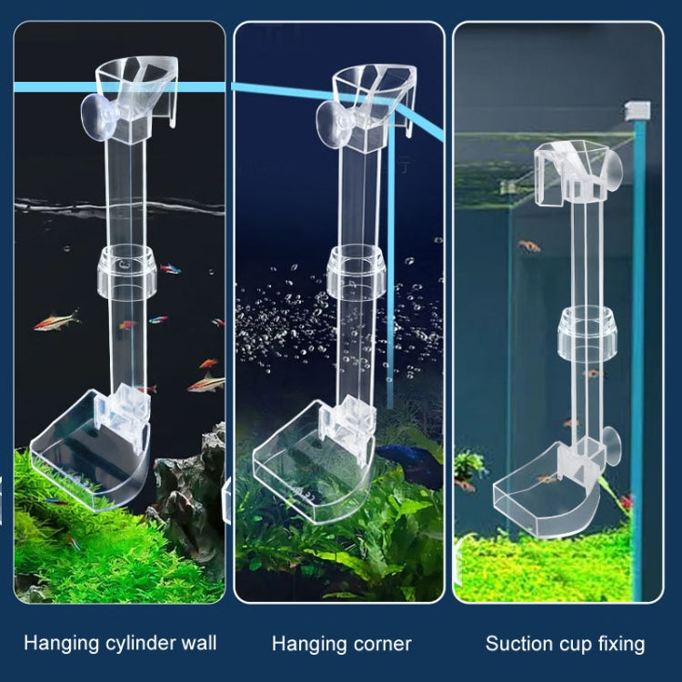 Clear acrylic fish feeding tube with hanging mount options and bottom collection tray