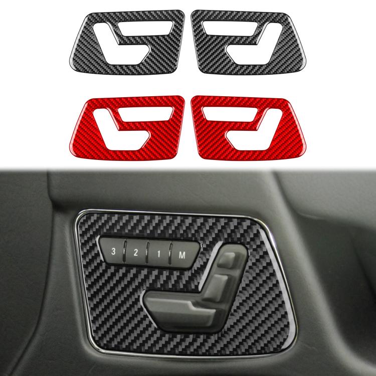 Four carbon-fiber style seat adjustment stickers (two black, two red) with white icons