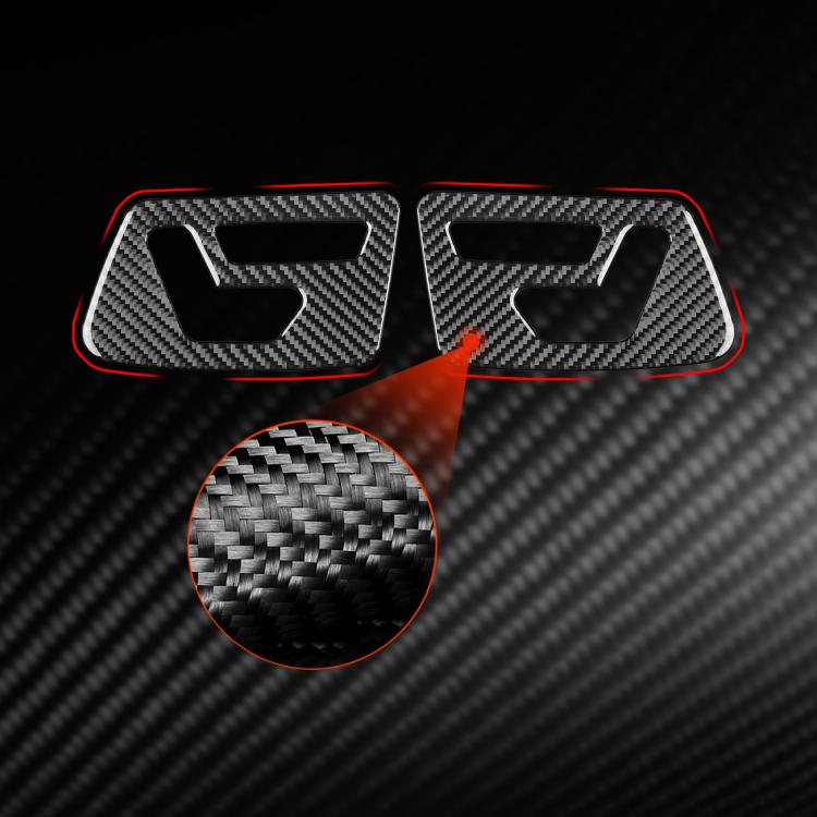 Pair of carbon-fiber style seat adjustment stickers, black with white icons and red outline
