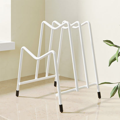 White multi-layer countertop pot lid storage rack with curved side supports and feet