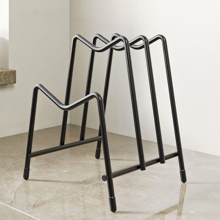 Black multi-layer countertop pot lid storage rack with curved rails and stable legs