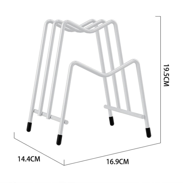 White pot lid storage rack with protective leg tips and layered arch design