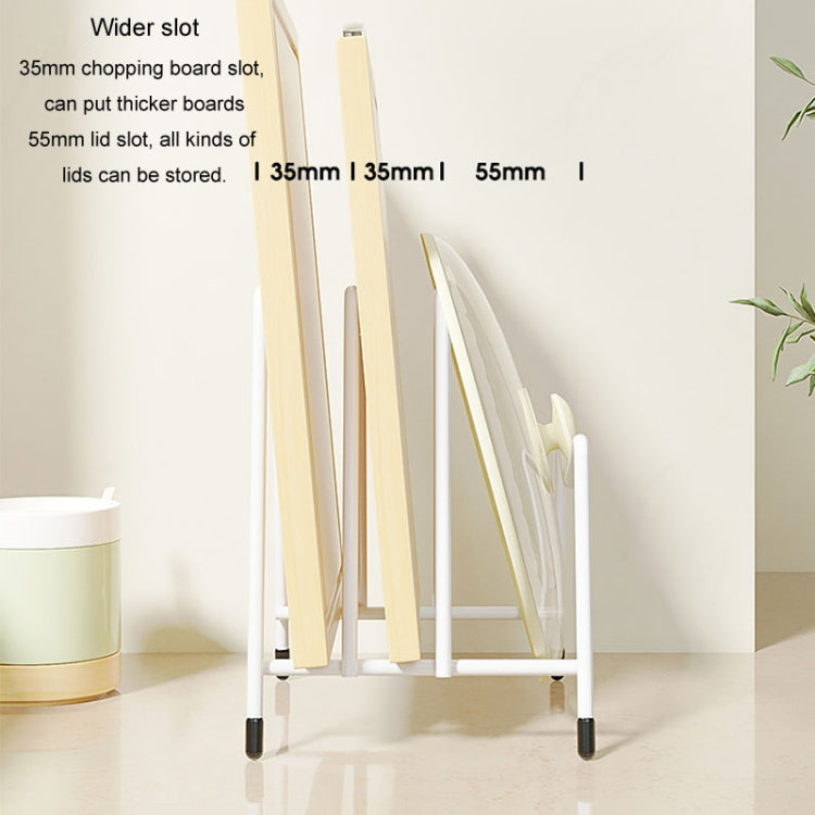 White multi-slot countertop rack for chopping boards and pot lids with wide openings