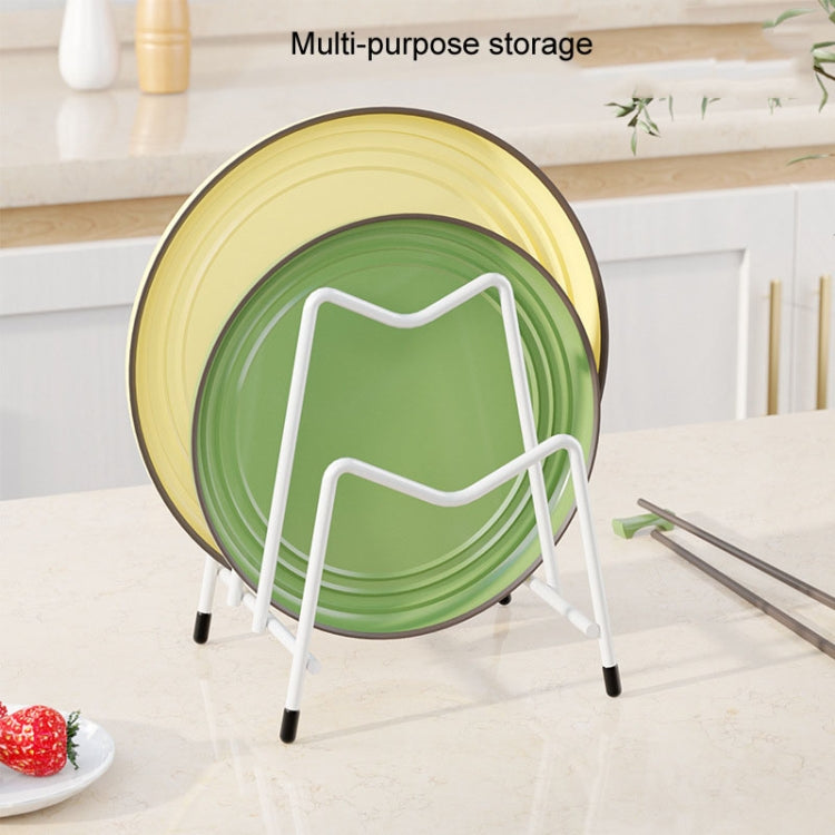 White countertop rack organizing stacked pot lids with multi-layer standing frame