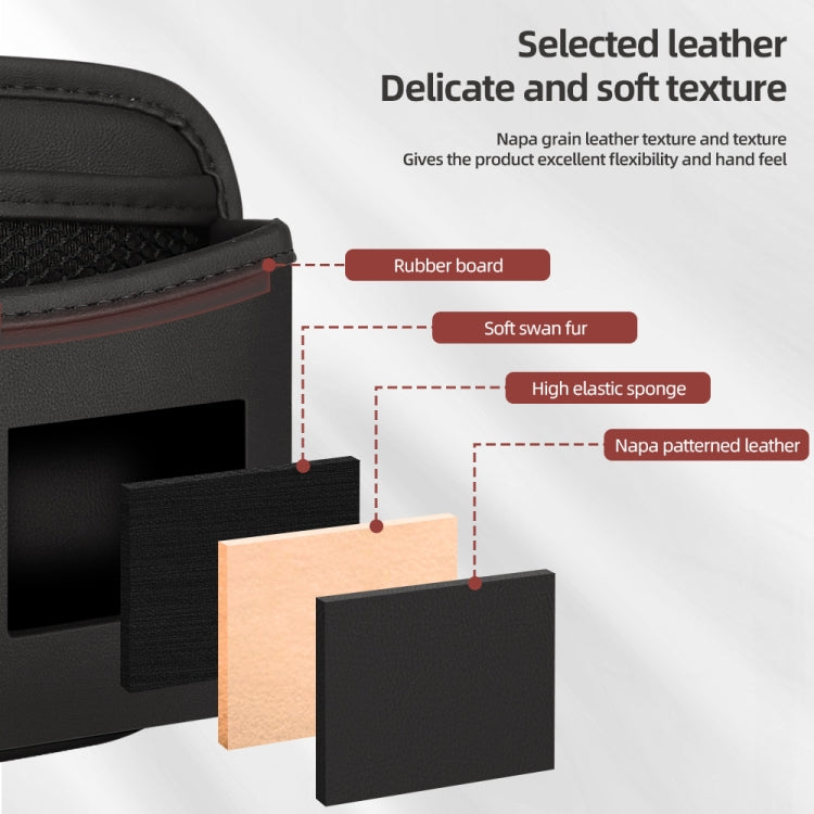 Close-up of adhesive storage bag with stitched edges and textured leather look