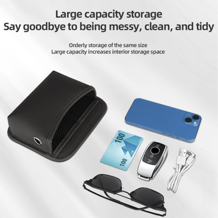 Large adhesive storage bag holding phone and small accessories under the flap