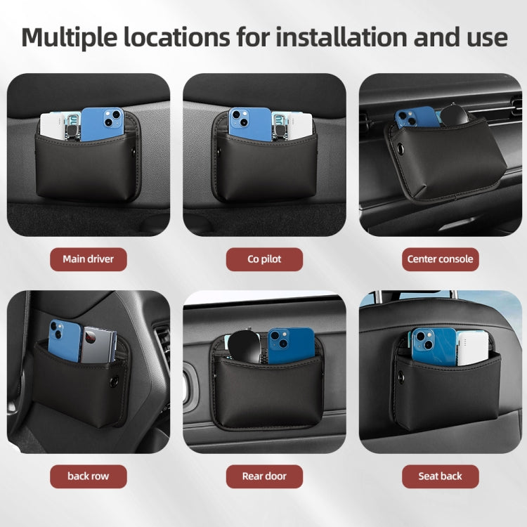 Adhesive storage bag shown installed in multiple car interior locations