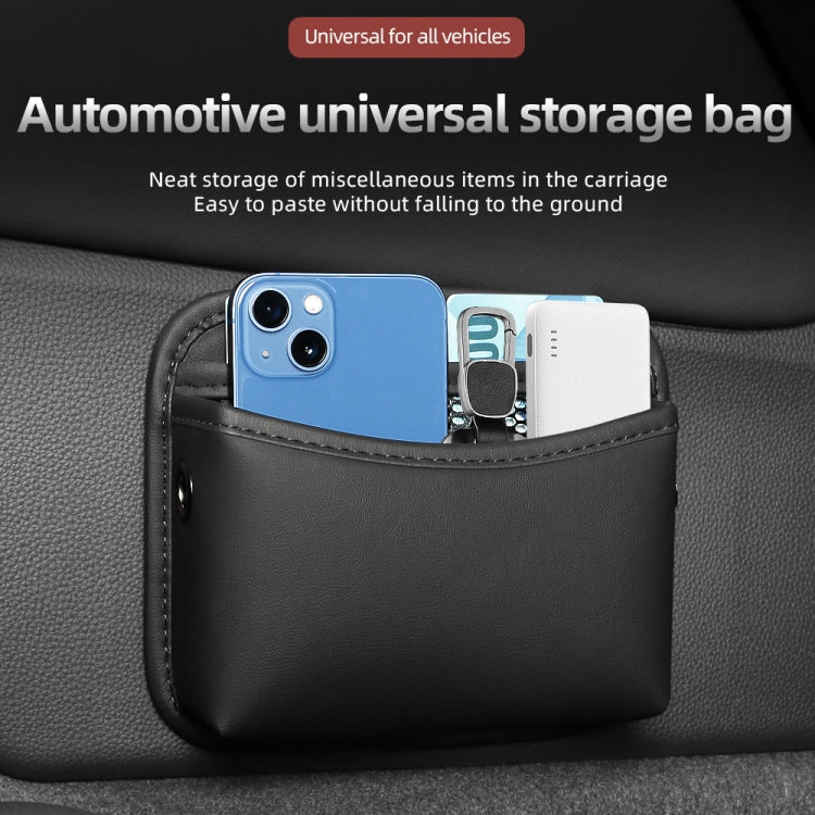 Black adhesive car center console storage pouch with open top pocket for phones