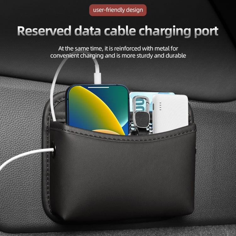 Black adhesive car storage pouch with open pocket and charging cable pass-through