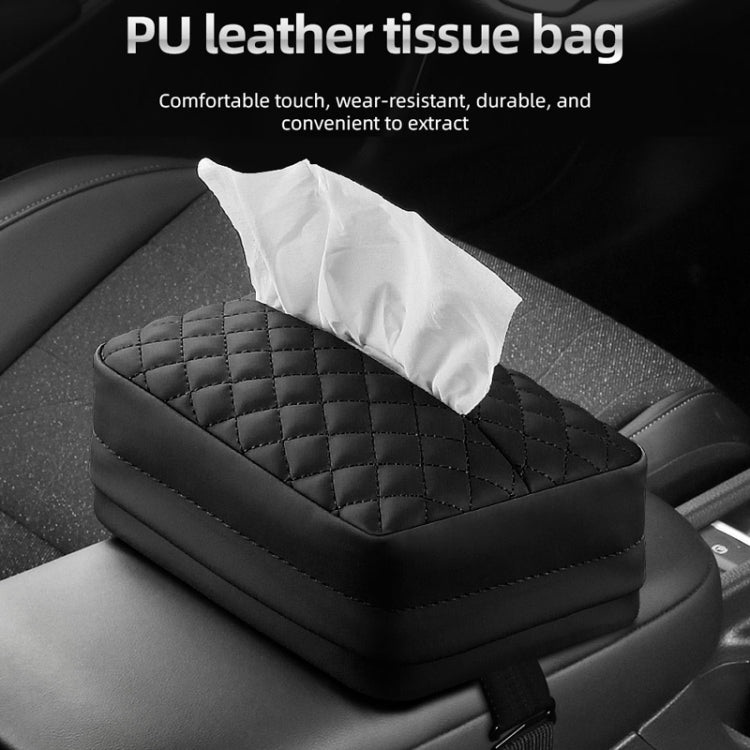 Black quilted PU leather car tissue bag on armrest with tissue opening