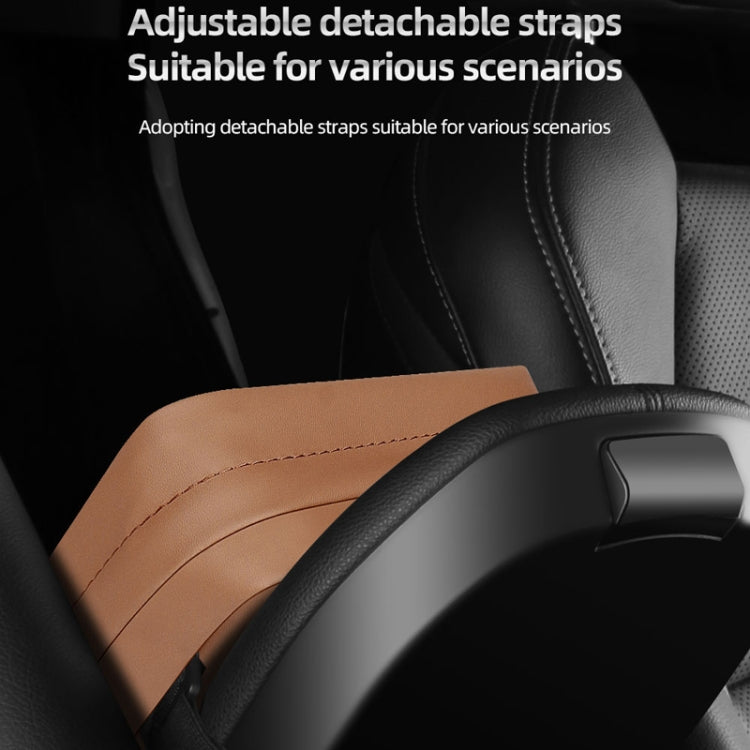 Car tissue holder with detachable strap, showing quilted top and black base