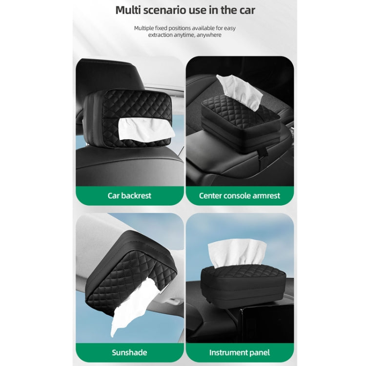 Car tissue holder shown in multiple mounting positions for headrest and console