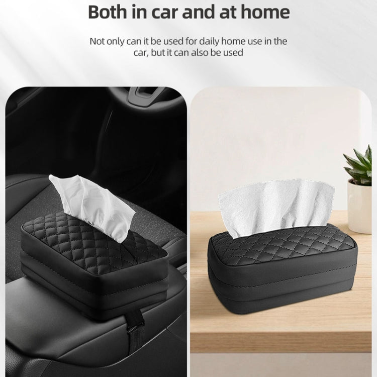 Black quilted car armrest tissue box with hanging tissue holder and straps