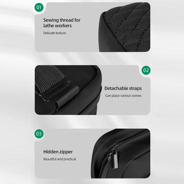 Black quilted tissue box detail with detachable straps and hidden zipper