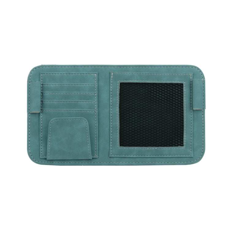 Car visor bill holder storage bag in teal with mesh pocket and card slots.