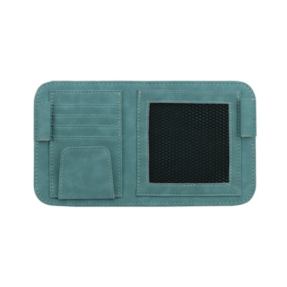 Car visor bill holder storage bag in teal with mesh pocket and card slots.