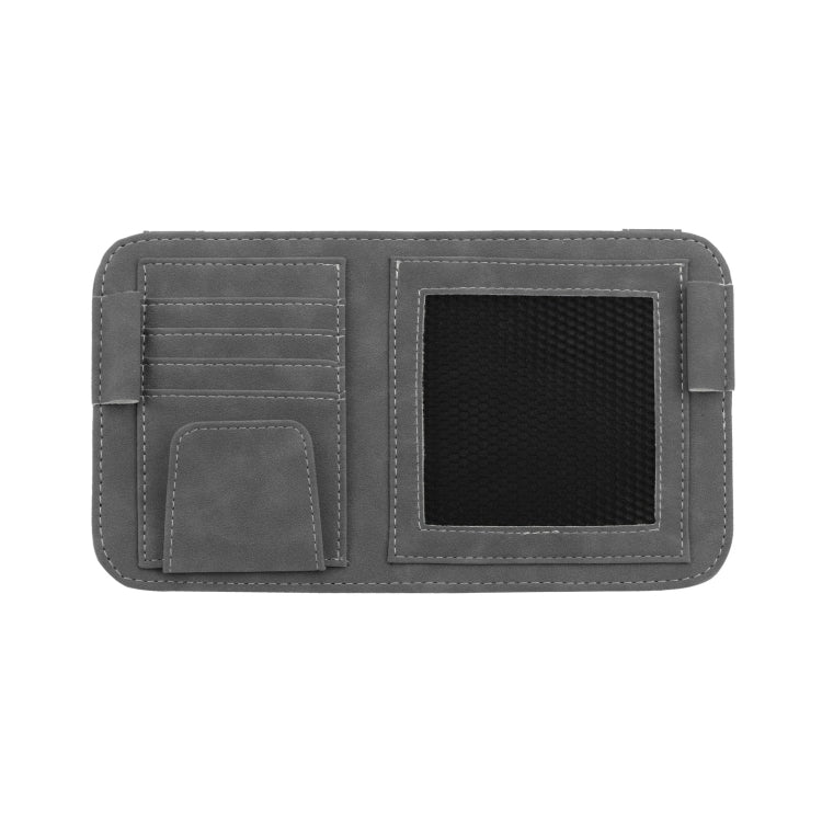 Car visor bill holder storage bag in dark gray with mesh pocket and card slots.