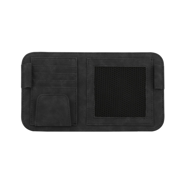 Car visor bill holder storage bag in black with mesh pocket and card slots.