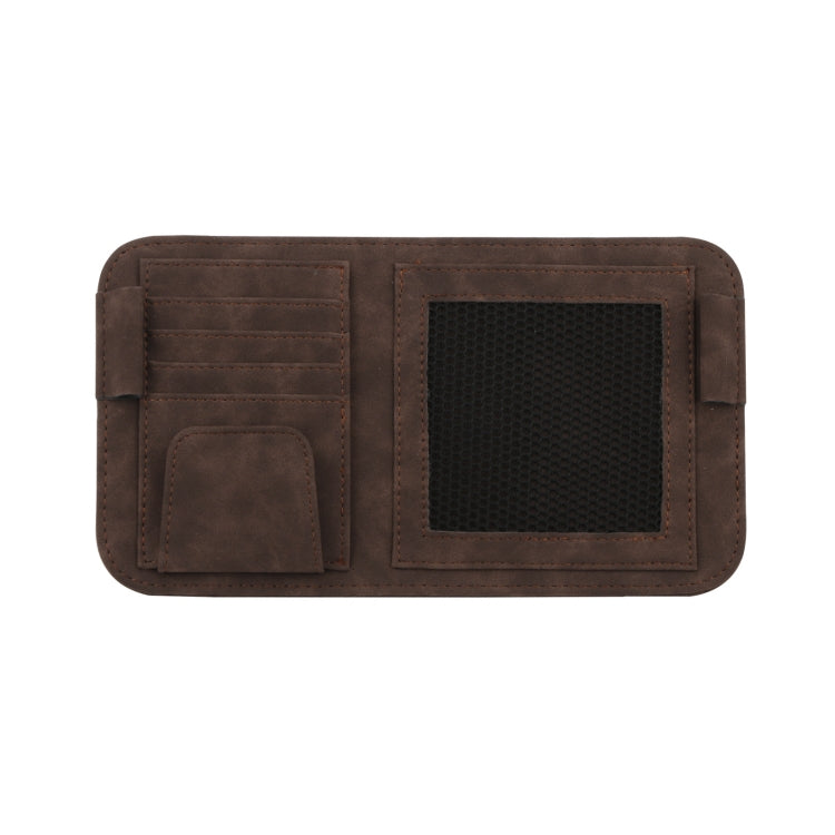 Car visor bill holder storage bag in brown with mesh pocket and card slots.