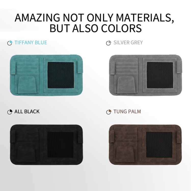 Car visor storage bag with mesh pocket and card slots, shown in multiple colors.