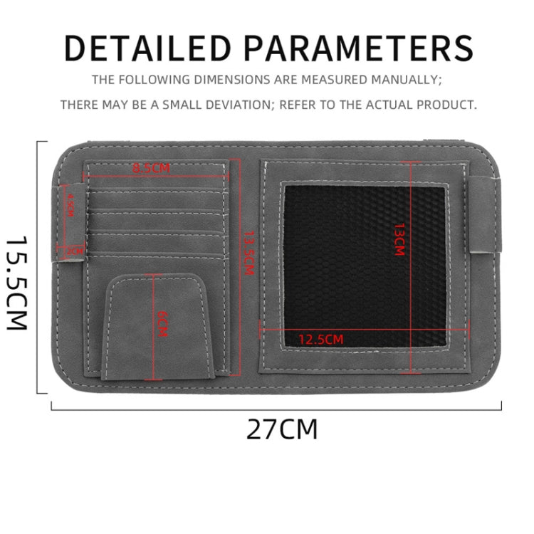 Car visor bill holder storage bag, gray leather-look with mesh window and card slot.