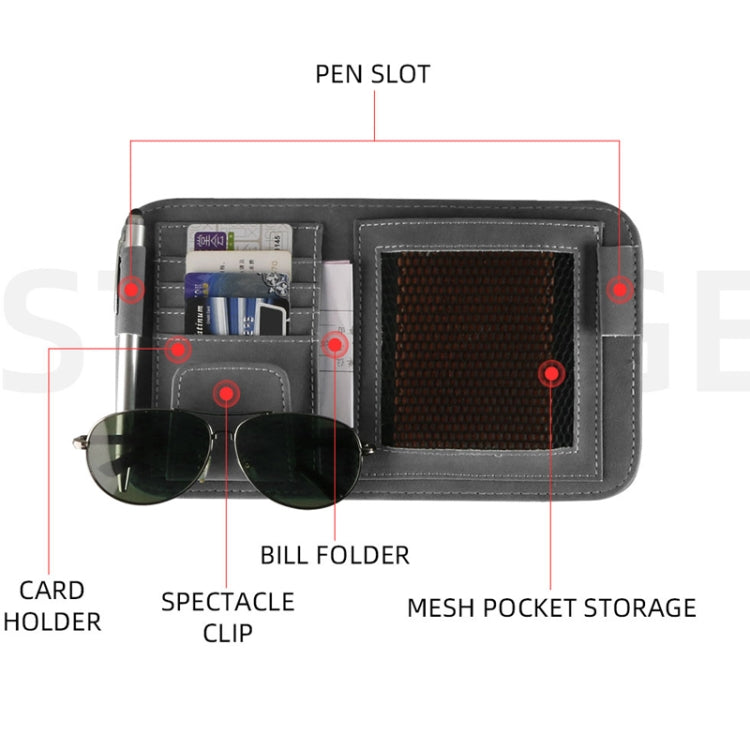 Car visor storage bag with mesh pocket, pen slot, card holder, and bill folder section.