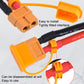 XT60 plug protective cover with orange housing and red/yellow cable caps