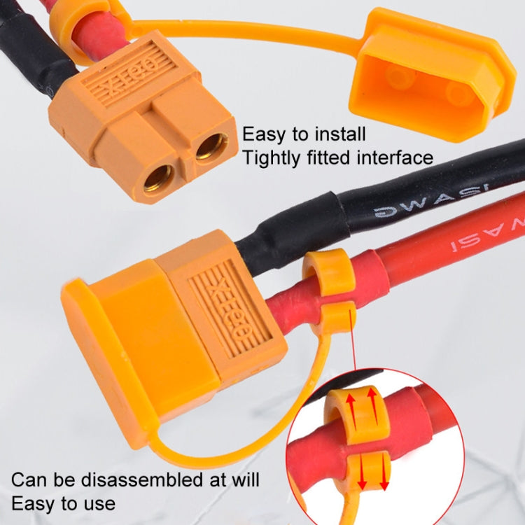 XT60 plug protective cover with orange housing and red/yellow cable caps