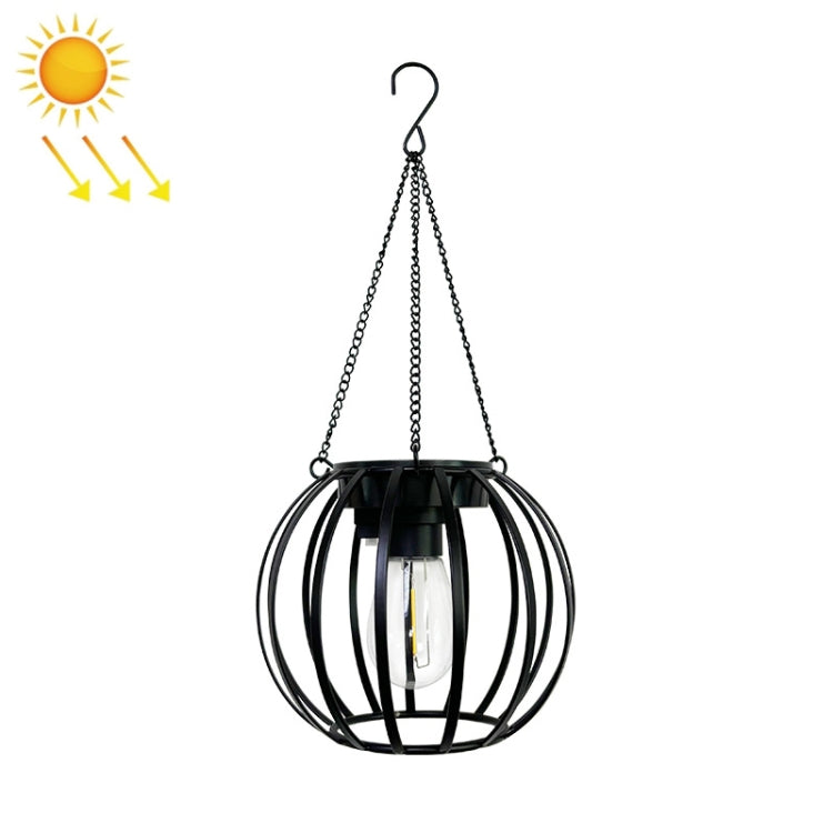Small outdoor solar lantern light with black metal cage and hanging chain