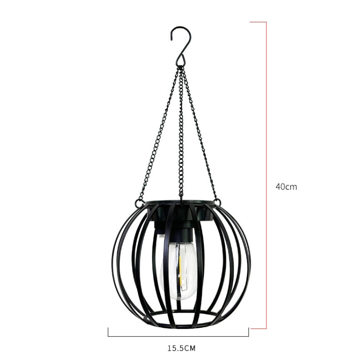 Black metal hanging solar lantern light with clear bulb, size shown